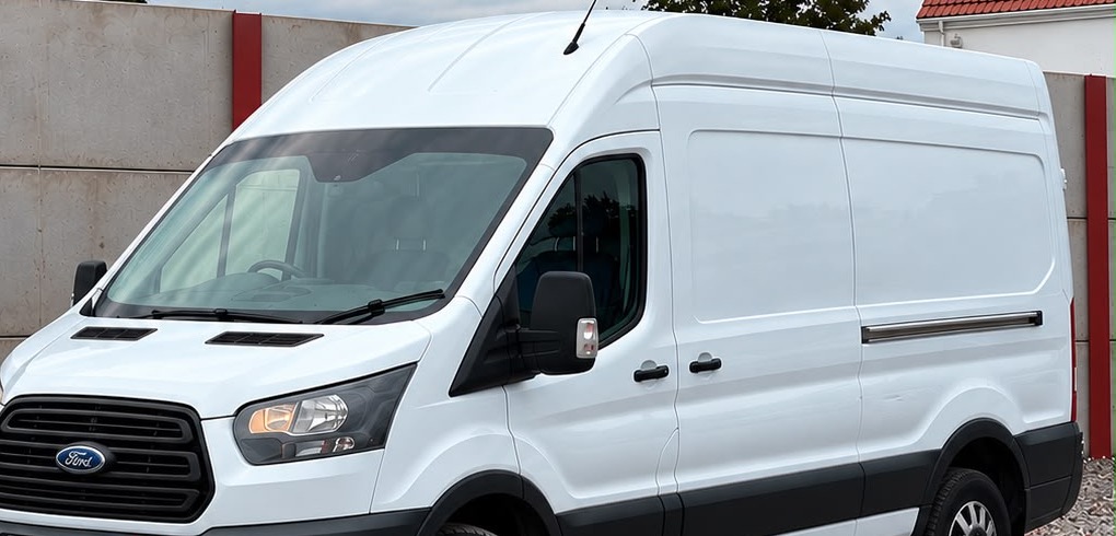 White Ford Transit high-roof panel van available on rent to own